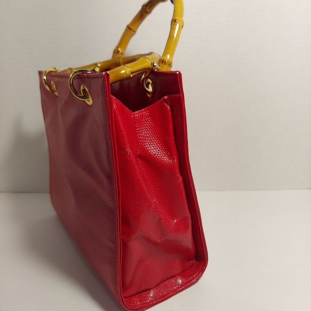 Giorgio Beverly Hills Hand Bag Red Faux Leather Bamboo Straps Minor Damage - Picture 2 of 16